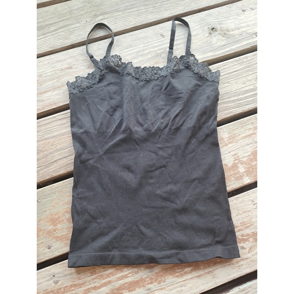 VTG Y2K Black Lace Trim Camisole Top Dots Size L Scalloped Cami Tank